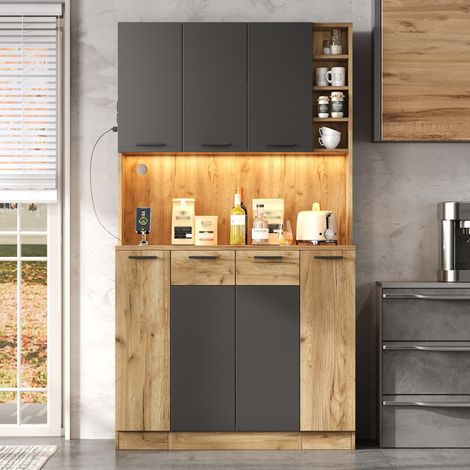Buffet haut de cuisine 100x40x180 cm, LED RGB, 2 prises et 2 USB, colonne à épices coulissante 4 niveaux, étagères réglables, MDF, noir et effet bois (1/5)