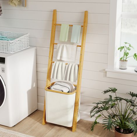 Estantería para Baño de Bambú Toallero de Pie con 3 Barras Cesto para Ropa Sucia Extraíble de 48 L Crema (1/5)