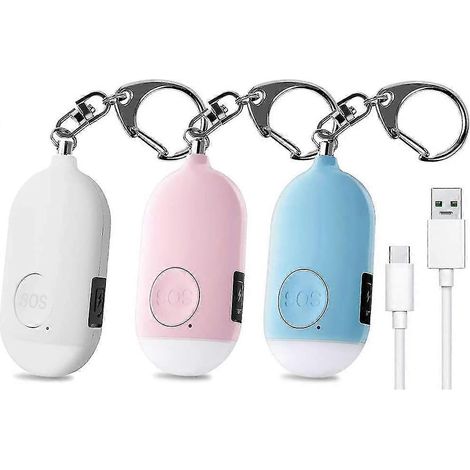 3er-Pack 130 dB persönlicher Notfallalarm, wiederaufladbarer Sicherheitsalarm mit LED-Taschenlampe, Einbruchmelder, für Frauen, Kinder, Senioren und Abenteurer – Weiß+ (1/5)