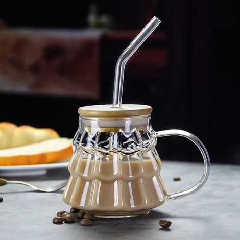 Tasse En Verre - 440 ml - Avec Poignée Couvercle Et Paille - Pour Boissons Chaudes Ou Froides - Usage Intérieur Et Cadeau - 1 Pièce (1/5)