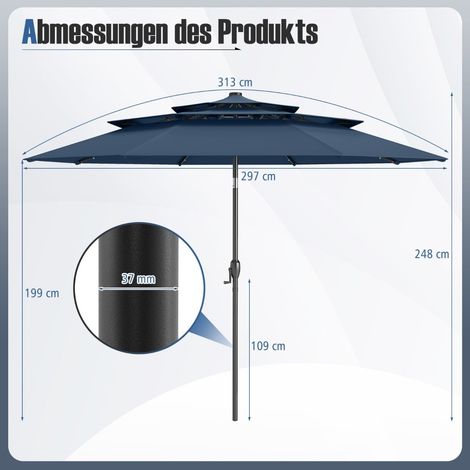 Terrassenschirm, 3-stufig, Solar-LED, neigbar, Marineblau