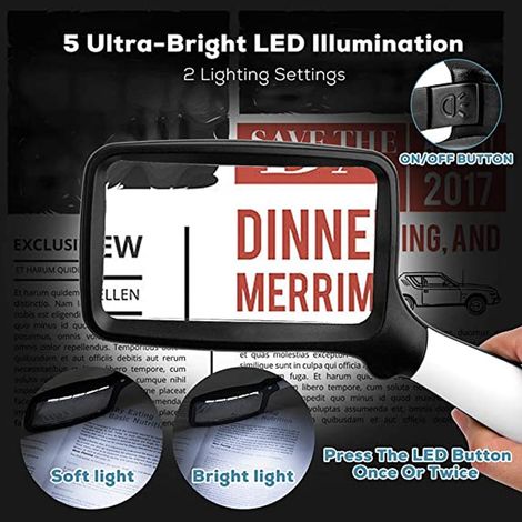 Loupe Lumineuse Pliable à Main avec LED, Largeur Rectangulaire 3X avec Lumière Dimmable pour Lecture (1/5)