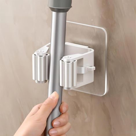 Set mit 2 Wandhalterungen für Besen und Mopp, Kunststoffhaken, einfache Montage, kein Bohren erforderlich, starker Kleber – 2 Stück