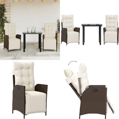 Ensemble à manger de jardin 3 pcs et coussins marron poly rotin - Chaise de jardin - Table de jardin (1/5)