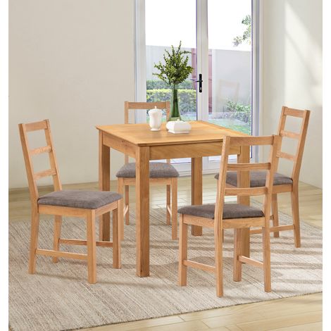 Hallowood Furniture Hereford Oak Small Dining Table and Chairs Set 4, Square Solid Oak Kitchen Table and Chairs with Ladder Back and Grey Fabric Padded Seats, Dining Room Sets for Home and Café