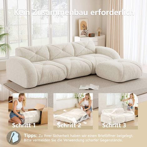 Fauteuil en forme de L, canapé modulaire 3 places pour salon, base antidérapante, sans montage, avec repose-pieds, blanc, ensemble combinable. (1/5)