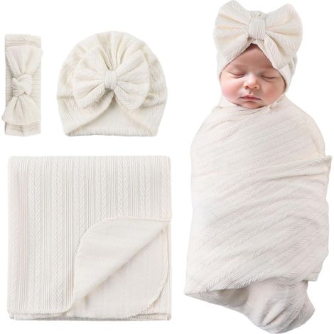 Emmaillotage Bébé Nouveau Né Fille Couverture Emmaillotage avec Chapeau Bandeau Sac de Couchage Bébé Naissance (Beige) (1/5)