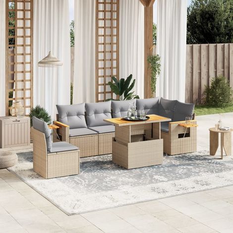 Set sofás de jardín 7 piezas y cojines ratán sintético beige vidaXL (1/3)