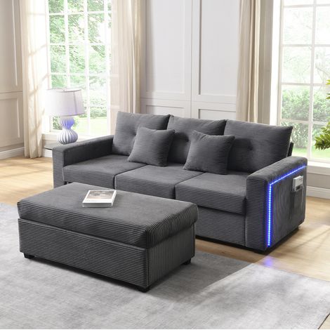 Sofá modular en L con iluminación LED APP, asiento de espuma de alta densidad, otomana extra grande, tela acanalada resistente y 2 cojines, de CHICFURN (1/5)