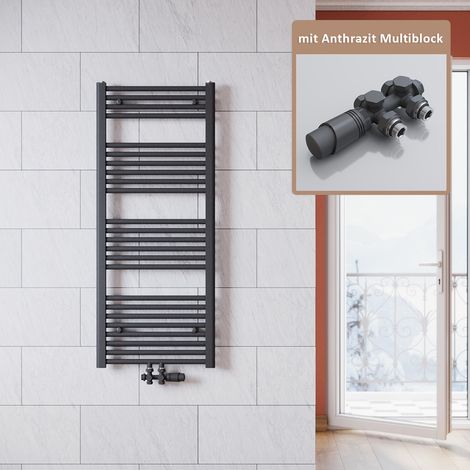 SONNI Radiateur de salle de bain anthracite 1200x500mm Radiateur tête thermostatique sèche-serviettes salle de bain,avec vanne (1/5)