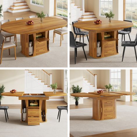 Extendable Round to Oval Dining Table for Kitchen and Dining Room,118-158cm,Seats 6,Walnut Finish with Three-Tier Storage Solution