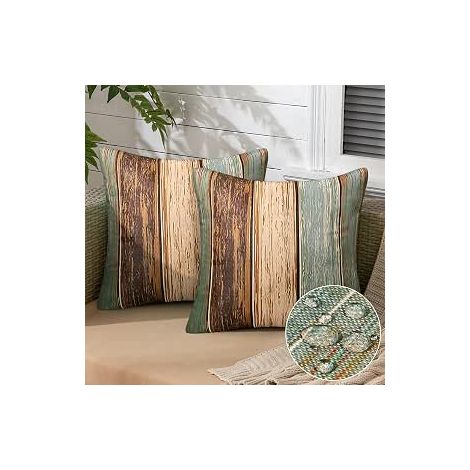 Polyester Cushion Cover 50 x 50 cm Cushion Cover Sofa Pillowcase Blue Green Brown Wood Striped Retro Waterproof Outdoor Cushion Covers for Living Room Garden Set of 2 (1/3)