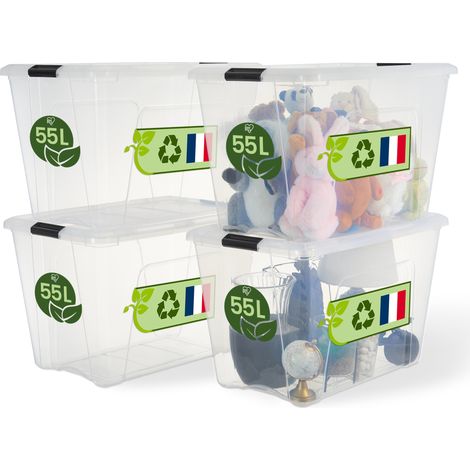 Iris Ohyama, Boite de Rangement Maison Plastique, 55L, Lot de 4, Transparent, BSB-55