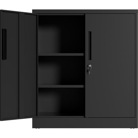 Armoire de rangement métallique avec deux portes verrouillables et deux étagères réglables, petite armoire en acier anti-basculement pour garage et maison, noire, à monter soi-même, 90 × 80 × 40 cm (1/4)
