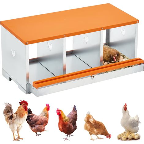 Niche à ponte 3 places en métal galvanisé – Poulailler durable, œufs protégés et nettoyage facile, Simple couche, Orange (1/3)