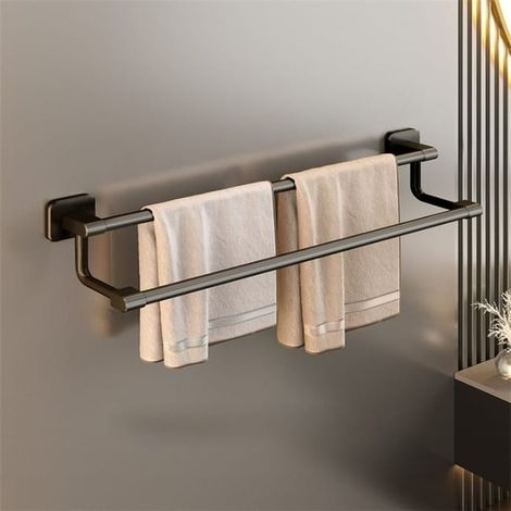 Porte-serviettes double barre noir 50cm, Porte-serviettes mural sans perçage, étagère de rangement salle de bain, barre double (1/5)