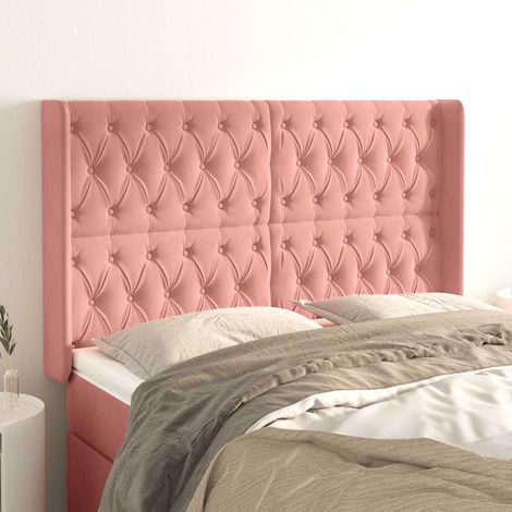 Tête de lit 2 oreilles en velours rose, hauteur réglable, 163 x 16 x 118/128 cm - PANGIVO (1/5)