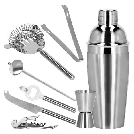 Barkeeper-Set 9-teilig mit 550 ml Cocktailshaker und silbernem Bambusständer.