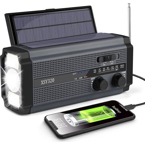 Solarbetriebenes tragbares AM/FM-Notfallradio mit 5000 mAh Akku, 3 LED-Modi, LED-Leselicht, SOS-Alarm und Handkurbeldynamo für Camping und Reisen (schwarz) (1/4)
