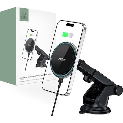 Chargeur sans fil magnétique Tech-protect A2 MagSafe pour tableau de bord de voiture, 15 W, noir (1/5)