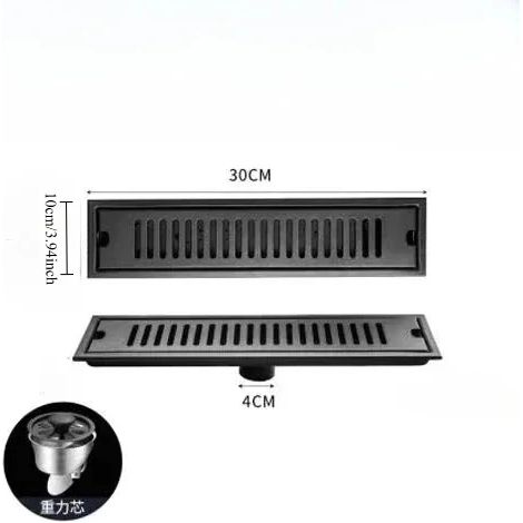 (10cmx30Cm middle)Bathroom shower floor drain, household and hotel long strip floor drain, 304 stainless steel black floor drain (1/4)