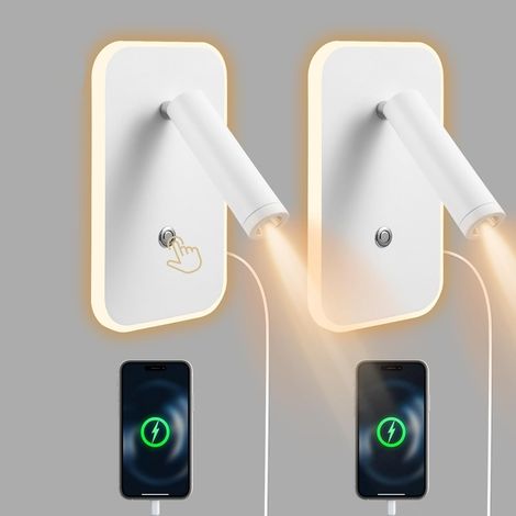 Lampe tête de lit 3 W + 9 W 3000 K, lumière de lecture murale avec interrupteur d'atténuation continue et port de charge USB, applique de table de chevet Lampe de chevet pour chambre hôtel (blanc, 2 (1/5)