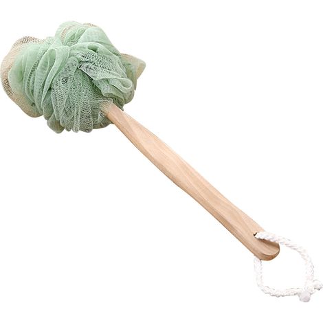 Gant de toilette avec manche long en bois et lanière, boule exfoliante douche salle de bain vert, nylon, 80g (1/5)