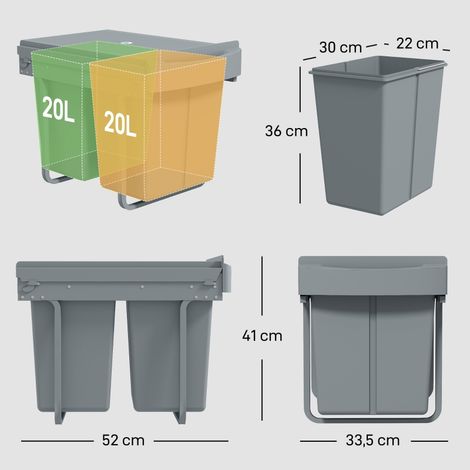 Poubelle coulissante double 20L, bacs amovibles, grise, acier et résine, gaine de place, poubelle de cuisine moderne. (1/5)