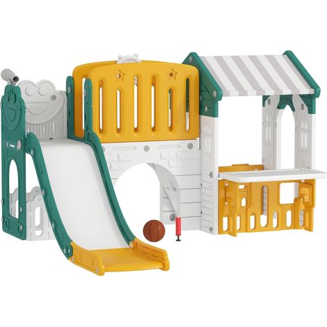 Toboggan enfant 7 en 1 avec cabane, tableau noir et panier de basket, aire de jeux plastique 1-4 ans jaune vert (1/5)
