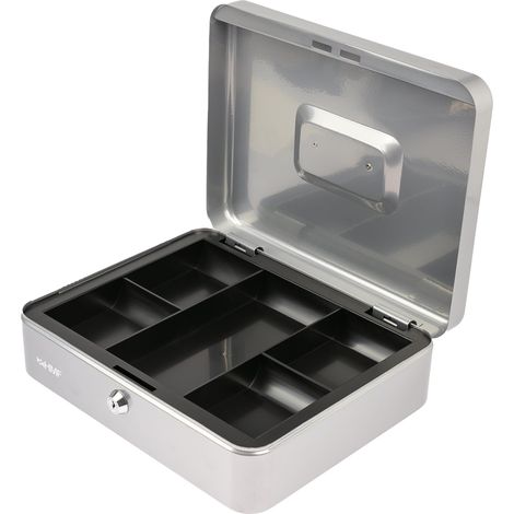 HMF Geldkassette abschließbar, Kasse mit Münzeinsatz, 5 Münzfächer, 30 x 24 x 9 cm, Silber (1/5)