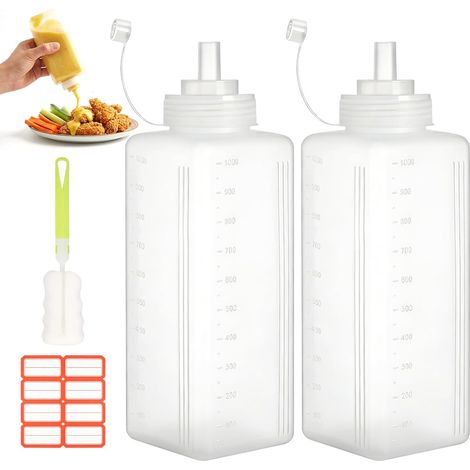 Bouteille à Sauce Squeeze 1000ml 2PCS- Distributeur de Sauce en Plastique avec Étiquettes et Brosse - Flacon Doseur Pratique pour Ketchup, Huile, BBQ et Plus (1/5)