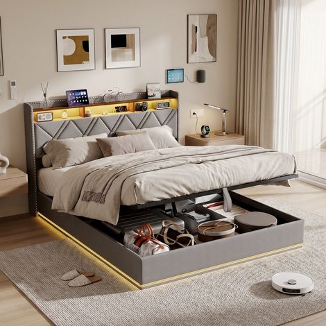BLANKETSWARM - Lit coffre 160x200 avec sommier, Lit rembourré avec ports USB - Éclairage LED - Rangement tête de lit - Lin - Gris (1/5)