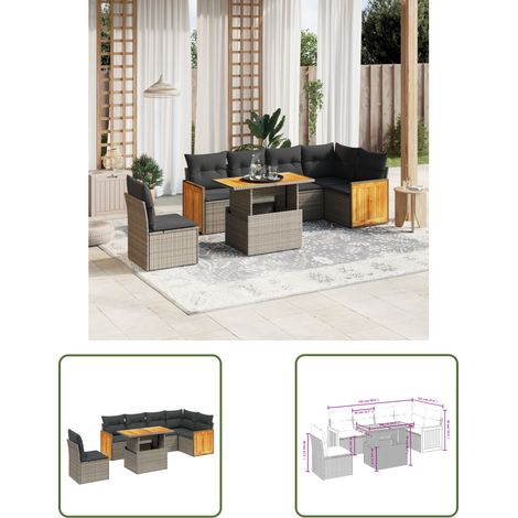 The Living Store Salon de jardin avec coussins 7 pcs gris résine tressée - Ensemble Salon De Jardin - Mobilier De Jardin - Canapé Extérieur - Table De Jardin - Chaise Lounge