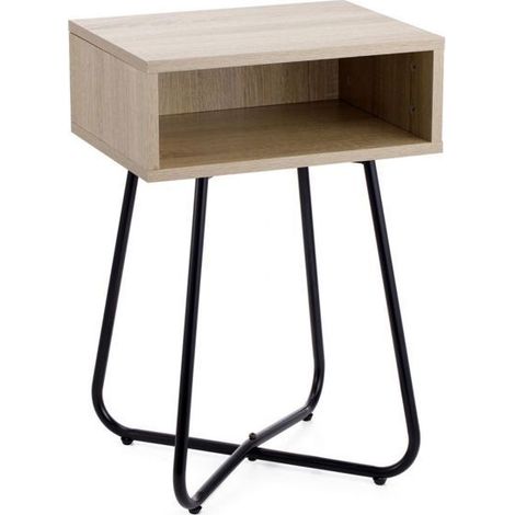 Table de chevet - JUANIO - 40 x 34 x 60 cm - Effet bois naturel - Pieds métal noir - 1 compartiment ouvert (1/3)
