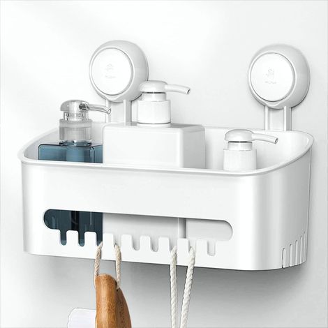 Étagère Salle de Bain Sans Perçage,Étagère Douche Ventouse Réutilisable Amovible,Rangement Plastique Cuisine pour Shampooing Cosmétiques,Blanc (1/5)