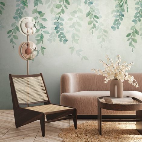 Fototapete Profhome 399071 heißgeprägte Vliestapete glatt mit floralen Ornamenten matt grün blau creme-weiß 3,71 m x 2,8 m