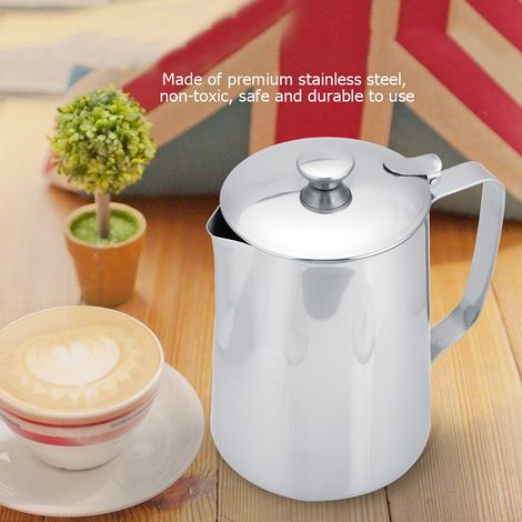 Kaffeetasse aus Edelstahl, Milchkännchen mit Deckel für Latte Macchiato und Kaffeekunst (600 ml) (1/5)