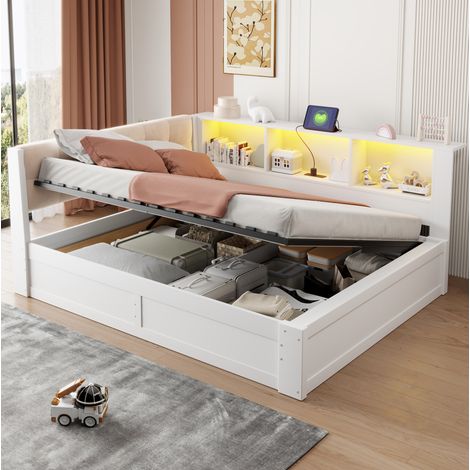 Lit double 140x200 cm en bois et MDF blanc, rangement gain de place, sans matelas – MEUBLIV (1/5)