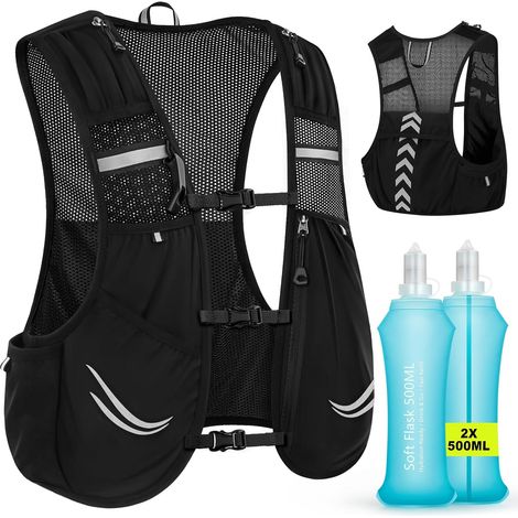 Lauf-Trinkrucksack, Laufweste für Damen und Herren, Trail-Weste, leichter und atmungsaktiver Rucksack mit 2 x 500 ml Softflaschen zum Laufen, Wandern, Radfahren und für Marathons