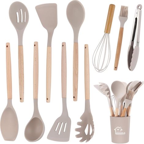 11PCS Ustensiles de Cuisine en Silicone, Ustensile Cuisine avec Porte-Ustensiles, Set Ustensile Cuisine Antiadhésifs avec Poignée en Bois, Cuisine Accessoires Passe au Lave-Vaisselle (1/5)