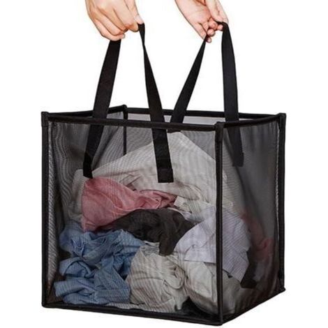 Faltbarer Wäschekorb aus Netzgewebe mit Griffen, tragbar und kompakt, ideal für Wäsche, Kleidung und Spielzeug (schwarz, einlagig)