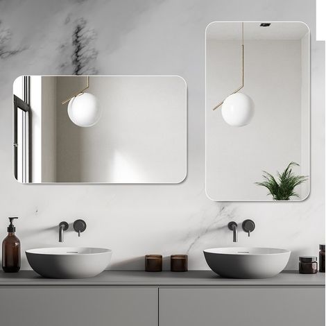 Specchio da bagno da parete 90 x 70 cm senza cornice, angoli arrotondati R50, argento HAVRYA (1/5)