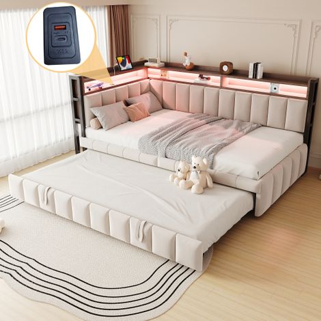 Canapé-lit convertible 90x200 cm avec lit gigogne, éclairage LED et rangements intégrés – Sofa d'appoint moderne en velours beige avec ports USB/Type-C pour chambre d'amis ou studio (1/5)