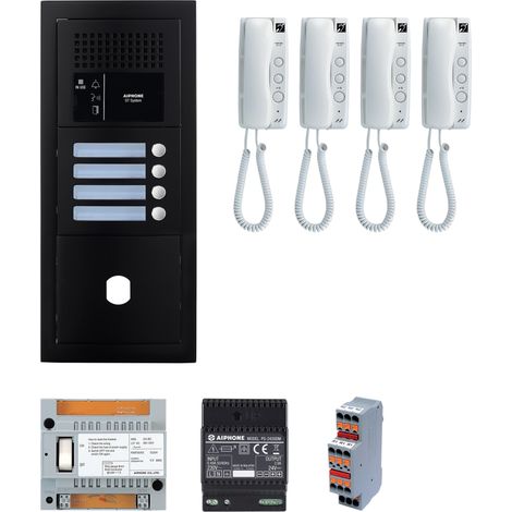 Aiphone – Pack interphone audio 4 boutons – GTBA4EB – Platine façade noire satin – 4 postes audio combiné – Alimentation 230V