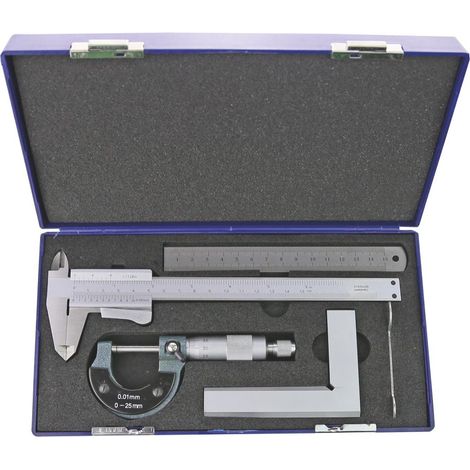 Ensemble de 4 outils de mesure pieds à coulisse analogue latte en inox 150 mm micromètre 0-25 mm équerre 100x70 mm MIB CMS41