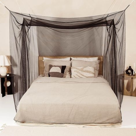 Mosquitera rectangular negra para cama doble, 6 presillas + 2 aberturas, kit de suspensión + bolsa incluidos. (1/4)