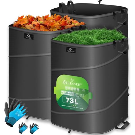 KESSER® Sacchetto pop-up per il giardino Sacchetto per foglie Sacchetto per rifiuti urbani incl. guanti Autoportante con manici Robusto e pieghevole Antracite / Nero, 3x 73 litri Antracite / Nero,