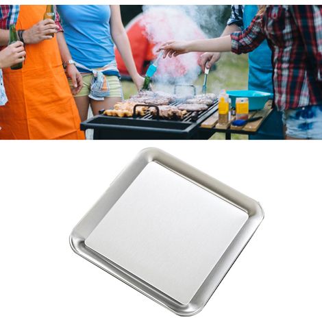 Plat de service carré en acier inoxydable, plateau à vaisselle, assiette à barbecue, couleur argentée, pour la maison, L (1/5)