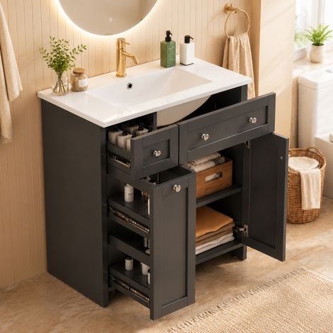 Meuble Vasque 76x47x86cm, Rangement Salle de Bain avec Vasque Céramique, Double Porte et Tiroir à 8 Compartiments, MDF Laqué Noir, sans robinet (1/5)