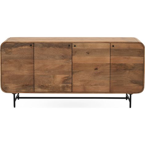 Sideboard mit geschwungenen Konturen, 4 Türen aus massivem Mangoholz, schwarze Metallbeine (1/5)